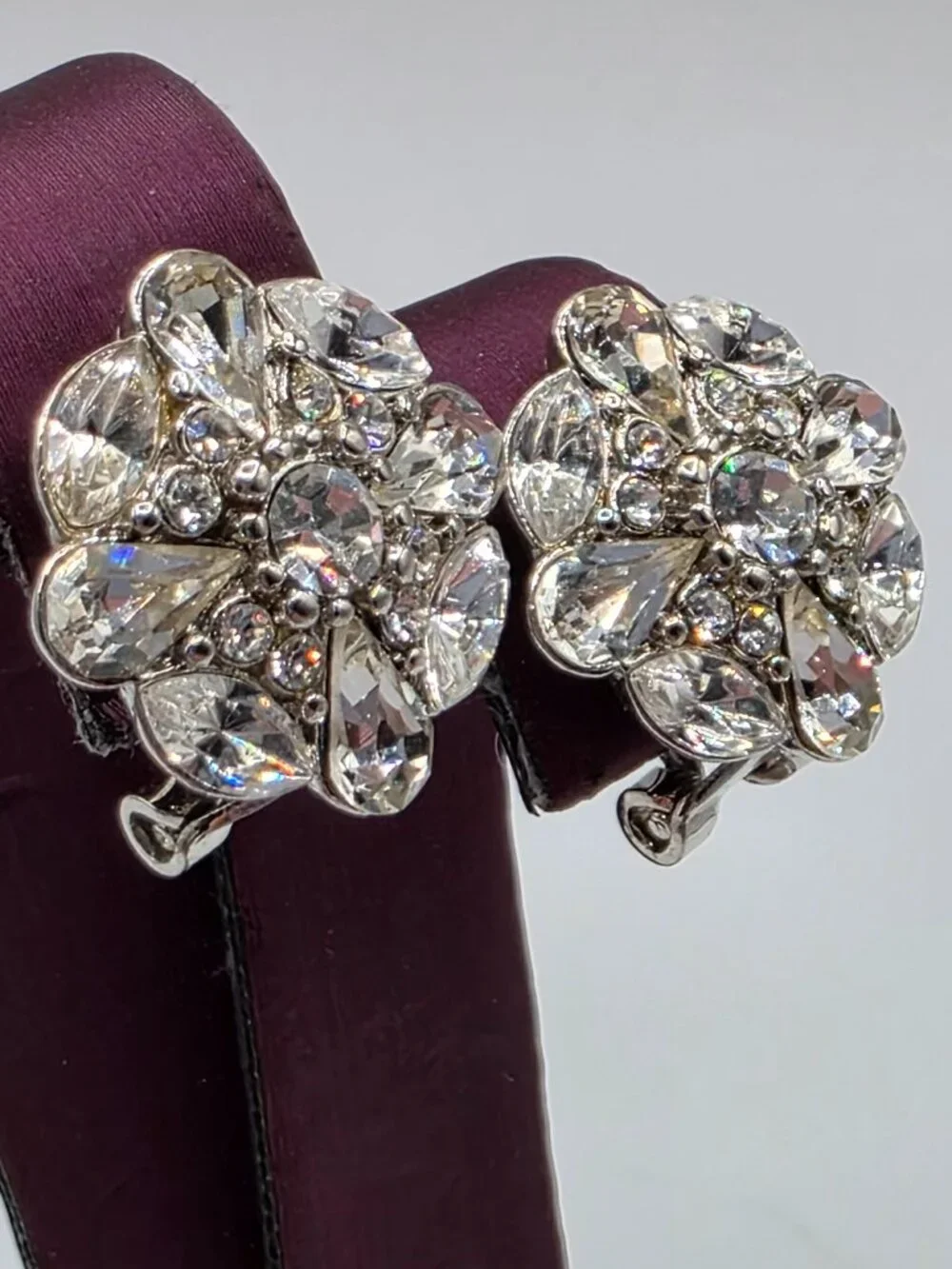 Vintage LIZ CLAIBORNE Round Pave Rhinestone Rhodium Plated Silver Clip Earrings